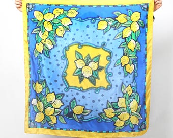 Pañuelo de seda azul pintado a mano con diseño de limón, regalo de Italia, estampado de Positano Amalfi, 35 x 35 cm.