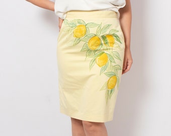 Lemon Print Hand Painted Skirt Floral Yellow High Waist Pencil Skirt Amalfi Italian Summer Holidays Lemon Italian Style Amalfi Coast Size M