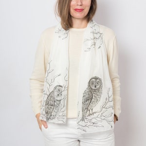 Owl Print Scarf Hand Painted Silk Scarf Owl Lover White Silk Chiffon Scarf Bird Scarf Long Silk Scarf Owl Gift Christmas Gift  57X16