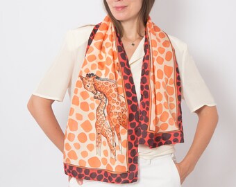 Giraffe Hand Painted Silk Scarf Red Beige Africa Giraffe Print Foulard Animal Print Scarf Travel Scarf Summer Scarf Women Gift for Her 52X14