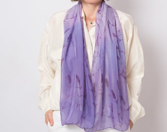Lavender Hand Painted Purple Silk Scarf Floral Silk Chiffon Lavender Gift Xmas Gift 52X14