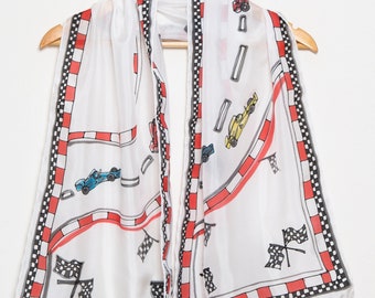 Formula 1 Hand Painted Silk Scarf White Red Scarf Car Print Scarf Formula 1 Race Ferrari Silk Scarf Ferrari Lover Gift Car Lover Gift 54X14