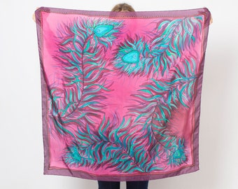 Peacock Hand Painted Purple Silk Square Scarf Feather Print Peacock Gift 35X35