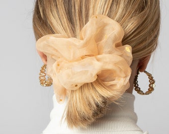 Beige oro seda organza Scrunchie dorado grande Scrunchie 100% seda Scrunchie teñido a mano Neutral Scrunchie Accesorios para el cabello Scrunchie regalo