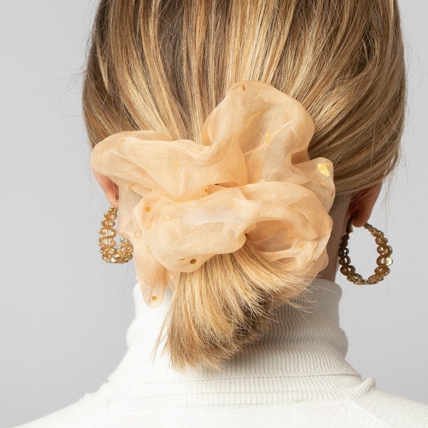 Beige Or Soie Organza Scrunchie Doré Grand Scrunchie 100% Soie Scrunchie Teint à la main Neutre Scrunchie Accessoires pour cheveux Scrunchie Cadeau