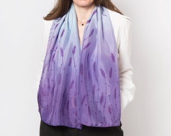 Lavender Scarf Hand Painted Scarf Silk Scarf Lavender Ombre Pure Silk Scarf  Floral Silk Scarf France Summer Scarf Gift for Her  52X14