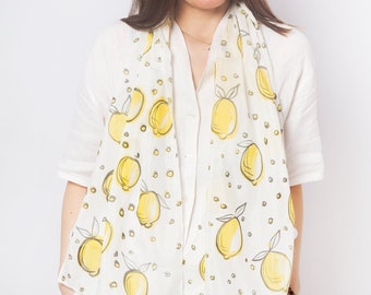 Lemon Print Hand Painted Scarf Silk Scarf Yellow White Silk Cotton Scarf Pure Silk Scarf Gift for Her Citrus Print Italy Scarf  53X12