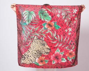 Leopard Scarf Hand Painted Silk Scarf Red Silk Scarf Square Silk Scarf Jaguar Tropical Flowers Palm Leaves Silk Head Scarf Cheetah 35X35