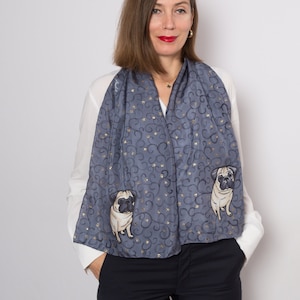 Pug Hand Painted Silk Scarf Pug Print Scarf Dog Lover Scarf Grey Silk Scarf Pug Lover Gift Pug Gifts Floral Scarf Pug Mom Gift  52X14