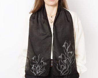 Snowdrop Hand Painted Scarf Silk Cotton Scarf Black Silver Snowdrop Print Floral Scarf Spring Gift for Her Mother Day Gift Snowdrops 52X8