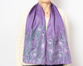Hand Painted Snowdrop Floral Silk Scarf Snowdrop Gifts Mother Gift 53X13