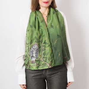 Owl Hand Painted Silk Scarf Owl Scarf Bird Print Green Silk Scarf Ombre Pure Silk Scarf Owl Gifts Birthday Gift for Her 52X14