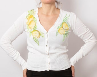 Lemon Print Italy Inspired Summer Cotton Cardigan Hand Painted Cardigan Upcycled Cardigan White Cotton Cardigan Sweater Will fit S Size