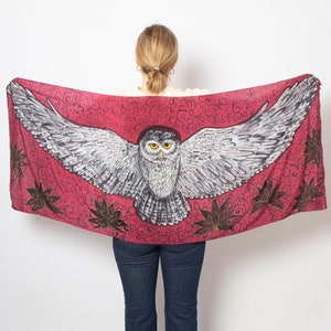 Owl Scarf Hand Painted Silk Scarf Burgundy Silk Scarf Owl Wing Scarf Bird Lover Gift Bird Scarf Long Silk Scarf Birthday Gift 65X25