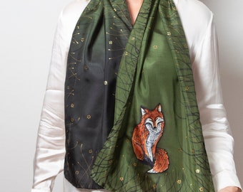 Fox Hand Painted Silk Scarf Green Silk Scarf Fox Print Fox Gifts Animal Lover Gift Silk Head Scarf Summer Scarf Birthday Gift 52X13