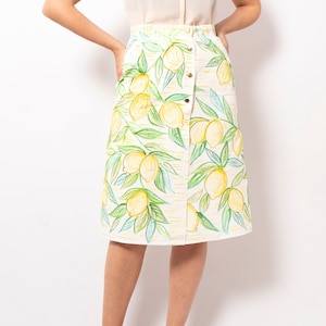 Lemon Print White Linen Skirt Button Down Wrap Skirt Hand Painted Skirt Floral Linen Skirt Women Italian Summer Style Amalfi Coast Size S