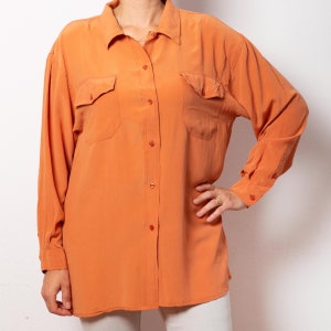 Vintage Silk Shirt Orange Silk Blouse Long Sleeve Blouse Pure Silk Blouse Button Down Shirt Fall Shirt Oversize Blouse Size L