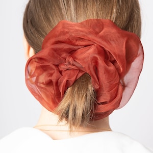 May include: A woman with brown hair wearing a rust-coloured, sheer fabric scrunchie in her hair.
