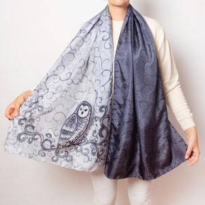 Owl Print Hand Painted Silk Scarf Owl Scarf Bird Scarf Ombre Grey Silk Scarf Owl Gifts Bird Lover Gift Spring Scarf Mom Gift Wife Gift 70X22