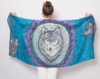 Galaxy Hand Painted Silk Scarf Galaxy Scarf Wolf Scarf Mandala Blue Silk Scarf Wolf Gifts Fiance Gift Wolf Totem Galaxy Print Twilight 54X15