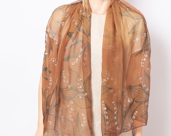 Lily of The Valley Hand Painted Brown Silk Chiffon Scarf May Gift 55X13