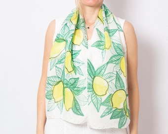 Amalfi Inspired Hand Painted White Silk Scarf Lemon Print Birthday Gift 53X14