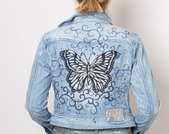 Schmetterling Braut Jacke Handgemalte Denim-Denim-Crop-Jacke Hellblaue Jeansjacke Gemalt Jeansjacke Schmetterlings-Jacke Größe M