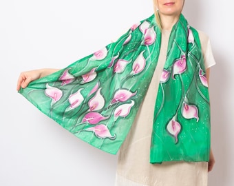 Calla Lily Hand Painted Silk Scarf Emerald Green Silk Scarf Silk Shawl Birthday Anniversary Gift Long Silk Scarf Floral Silk Scarf 65X21