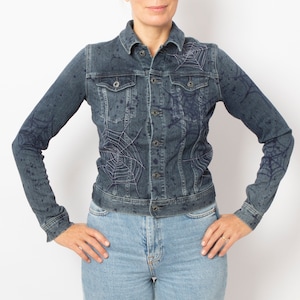 Spider Web Embroidered Hand Painted Denim Jacket Womens Denim Jacket Spider Web Print Summer Jacket Grunge Spider Goth Jacket Size XS Gift
