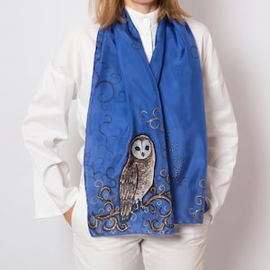 Owl Scarf Hand Painted Silk Scarf Owl Scarf Bird Scarf Blue Silk Scarf Owl Gifts Bird Lover Gift Summer Long Silk Scarf Wife Gift 59X13