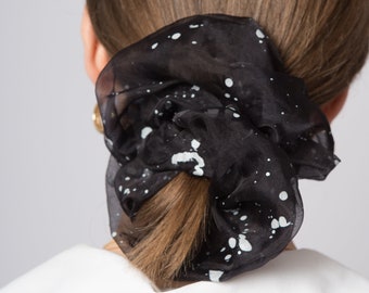 Abstract Black Silver Pure Silk Organza Scrunchie Large Silk Scrunchie 100% Silk Scrunchie Hair Accessories Festive Party Scrunchie Gift