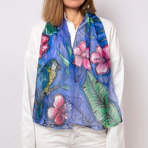Parrot Print Hand Painted Silk Scarf Blue Silk Chiffon Scarf Macaw Parrot Scarf Tropical Flower Hibiscus Summer Scarf Gift for Her 55X13
