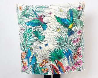 Macaw Parrot Hand Painted Silk Scarf Orchid Floral Silk Scarf Beige Silk Square Scarf Large Foulard Bird Scarf Parrot Gift Mom Gift 43X43