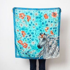 Horse Scarf Hand Painted Silk Scarf Silk Square Scarf Blue Head Scarf Equestrian Foulard Wild Flowers Horse Lover Gift Birthday Gift 35X35