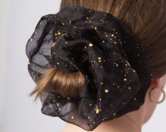 Galaxy Black Gold Silk Organza Scrunchie Large Scrunchie  Party Scrunchie 100% Silk Scrunchie Hair Accessories Festive Scrunchie