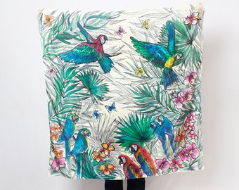 Hand Painted Silk Scarf Macaw Parrot Art Orchid Beige Silk Square Head Scarf Blanket Scarf Floral Foulard Bird Scarf Large Silk Scarf 43X43