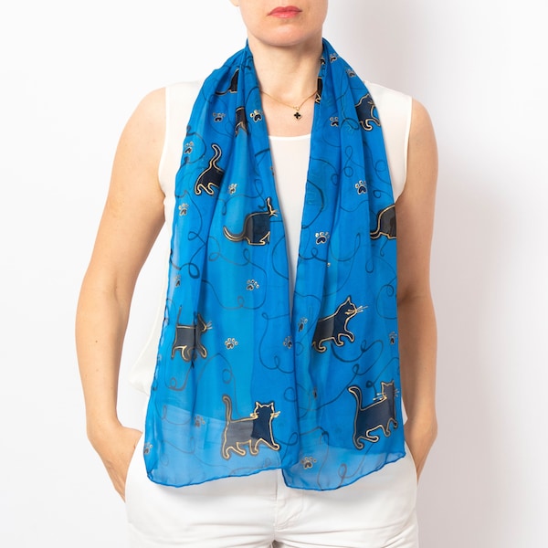 Foulard en soie peint à la main avec chat noir Foulard en mousseline de soie pour amoureux des chats Foulard en soie femme cadeau pour maman chat Foulard en soie bleu chat pour maman cadeau 54 x 13