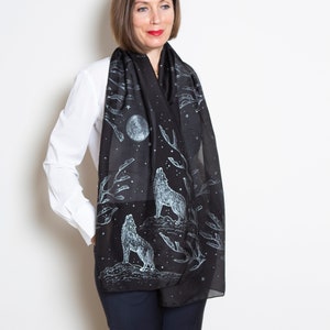 Howling Wolf Hand Painted Silk Scarf Silk Cotton Scarf Black Silk Scarf Full Moon Wolf Scarf Wolf Print Wolf Winter Scarf Mom Gift 69X16 image 1