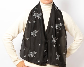 Hand Painted Black Silk Scarf Cat Print Scarf Cat Mom Gift 53X12