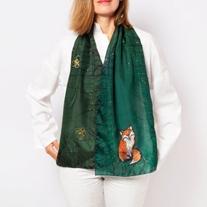 Fox Hand Painted Green Silk Scarf Animal Print Fox Christmas Gift 59X13