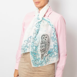 Owl Scarf Hand Painted Silk Scarf Owl White Blue Silk Cotton Scarf Bird Scarf Bird Lover Gift Summer Scarf Gift for Her Owl Gifts 57X16