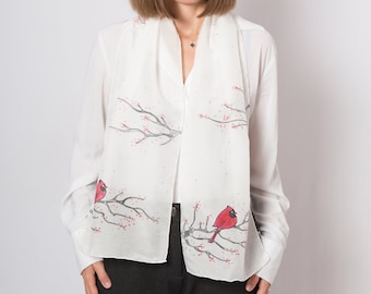 Cardinal Bird Hand Painted Scarf Silk Cotton Scarf Cardinal Scarf White Red Winter Scarf Cardinal Gifts Winter Scarf Mom Gift 57X11