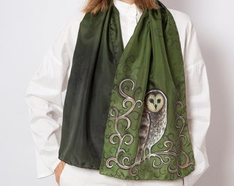 Owl Scarf Hand Painted Silk Scarf Owl Print Scarf Bird Scarf Spring Green Silk Scarf Owl Gifts Bird Lover Gift Christmas Silk Scarf 52X14