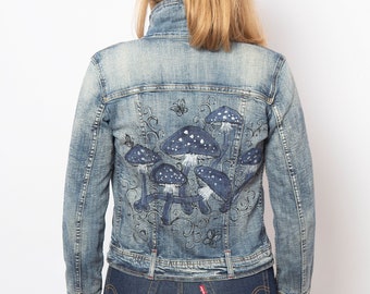 Hand Painted Denim Jacket Mushroom Print Jacket Light Blue Denim Fall Jacket Cottagecore Mushroom Jacket Fitted Denim Jacket Size XS