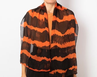 Black Orange Halloween Scarf Hand Painted Silk Scarf Halloween Gift Fall Scarf Striped Pure Silk Chiffon Scarf Black Gift 54X15