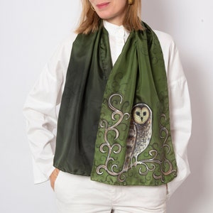 Owl Hand Painted Silk Scarf Owl Print Scarf Bird Scarf Summer Scarf Green Silk Scarf Owl Gifts Bird Lover Gift Birthday Gift 52X14