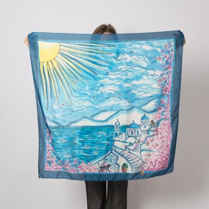 Santorini Hand Painted Silk Scarf Blue Silk Square Scarf Santorini Scarf Travel Santorini Gift Foulard Greece Scarf Birthday Gift 35X35