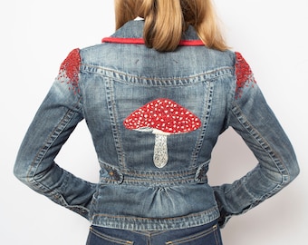 Mushroom Hand Embroidered Beaded Denim Jacket Amanita Muscaria Fitted Denim Cottagecore Jacket Mushroom Jacket Red Mushroom Fly Agaric XS