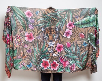 Exclusive Hand Painted Silk Scarf Jaguar Silk Shawl Animal Print Scarf Leopard Brown Silk Scarf Jaguar Print Floral Jungle Print 79X37