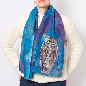 Owl Scarf Hand Painted Silk Scarf Horned Owl Blue Silk Scarf Galaxy Print Owl Pure Silk Scarf Bird Scarf Owl Print Bird Lover Gift  54X14